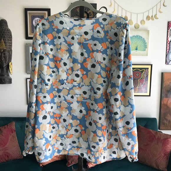 JOIE size L Blue Orange & Gray Floral Pintuck Popover Blouse Peasant Top - Picture 3 of 4